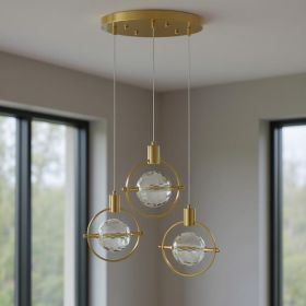 Gold And Clear Geometric Three Light Metal Dimmable Chandelier With Clear Shades