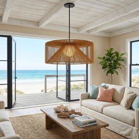 Natural And Black Rattan And Metal LED Dimmable Outdoor Hanging Pendent Light