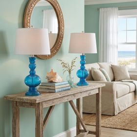 Set of Two 29" Blue Curved Body Glass Table Lamps With Drum Shades
