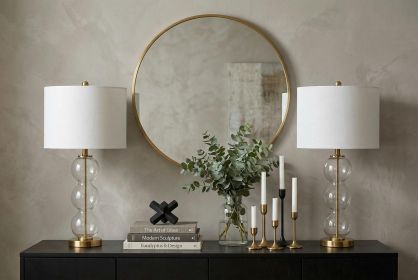 Set of Two 27" Gold Novelty Table Lamps With Drum Shades