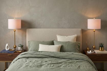 Set of Two 35" Clear And Brass Table Lamps With Drum Shades