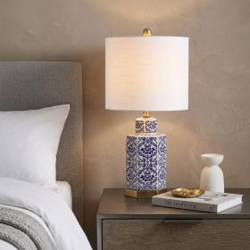 24" Navy Blue Gold And White Table Lamp With Drum Shade