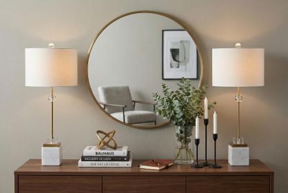 Set of Two 30" White Table Lamps With Drum Shades
