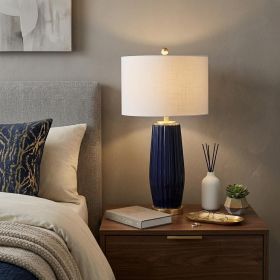 29" Navy Blue And Gold Table Lamp With Drum Shade