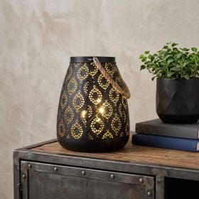 8" Black Metal Battery Operated Pierced Geometric Lantern