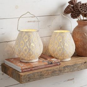Set of Two 10" Beige Pierced Geometric Cordless Lantern Lamps