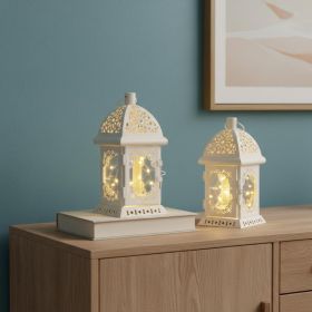 Set of Two 8" White Metal And Glass Pierced Scrollwork Lantern Lamps