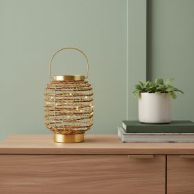 8" Distressed Gold Geometric Lantern Desk Lamp With Novelty Shade