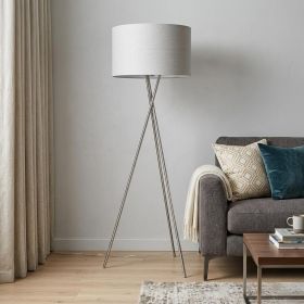 62" Beige Metal Tripod Floor Lamp With Beige Fabric Drum Shade