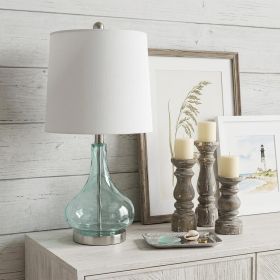 23" Teal Blue Translucent Glass Gourd Table Lamp With Drum Shade