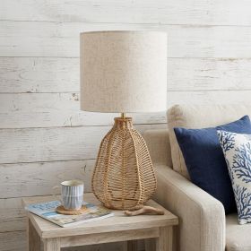 21" Natural Rope Rattan Table Lamp With Drum Shade