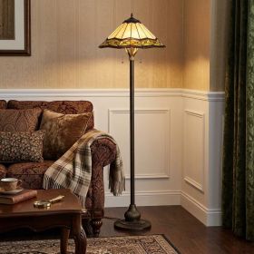 62" Bronze Metal Two Light Floor Lamp With Bone Green And Orange Abstract Tiffany Glass Empire Shade