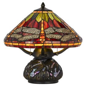 17" Bronze Dragonfly Two Light Round Animals Tiffany Lamp With Empire Shade